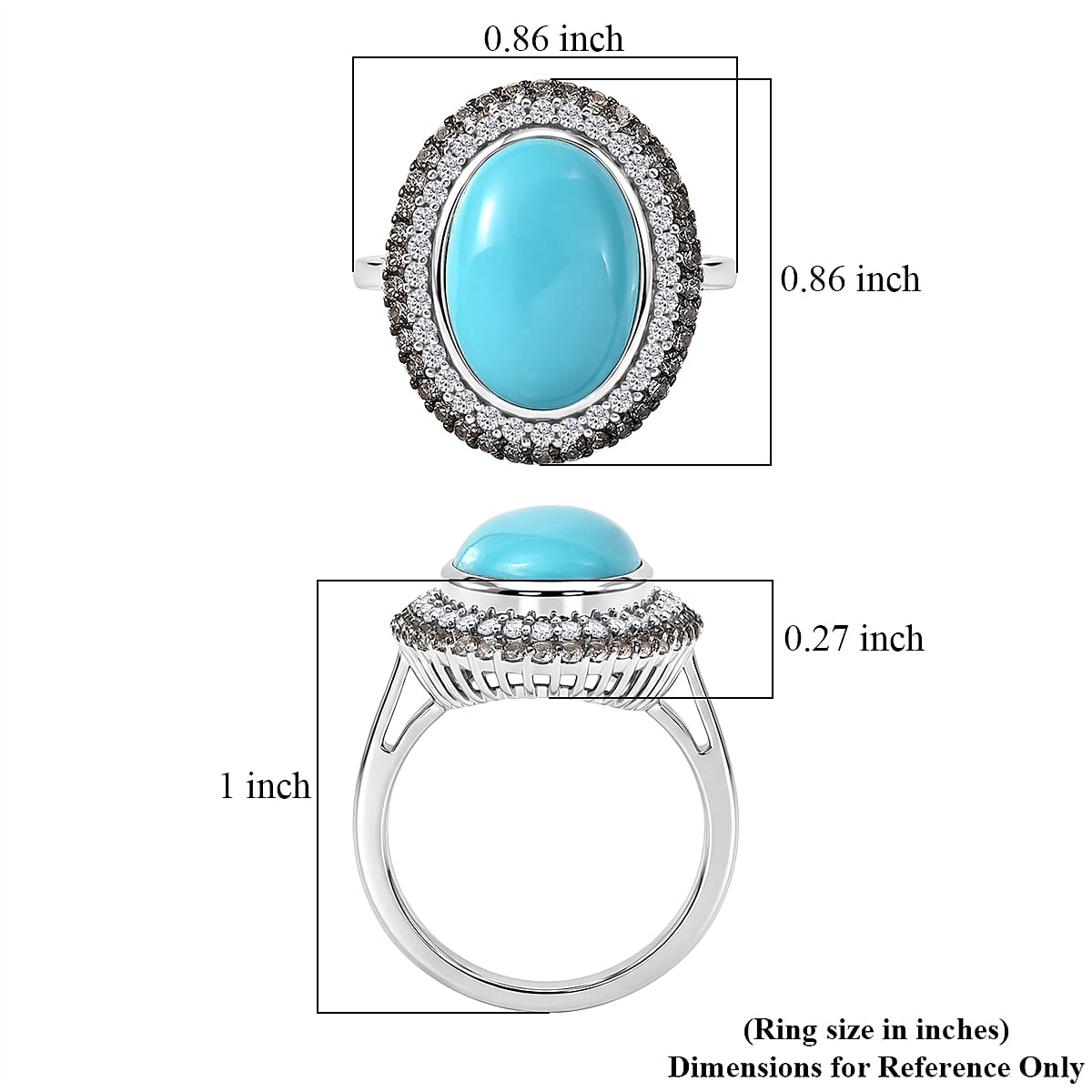 D'Joy Premium Sleeping Beauty Turquoise, Champagne Zircon and White Zircon 6.00 ctw Skyline Heirloom Ring in Rhodium Over Sterling Silver (Size 10.0)