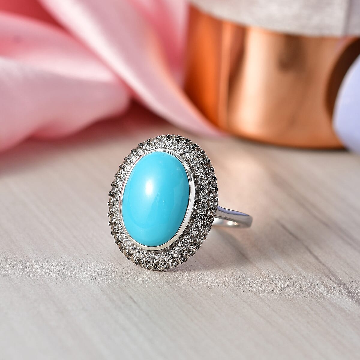 D'Joy Premium Sleeping Beauty Turquoise, Champagne Zircon and White Zircon 6.00 ctw Skyline Heirloom Ring in Rhodium Over Sterling Silver (Size 6.0) image number 1