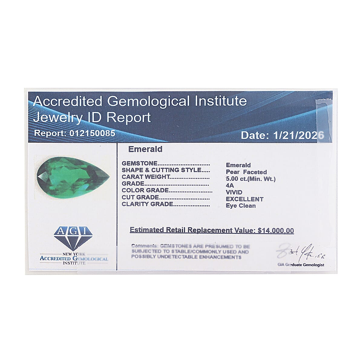 Certified and Appraised AAAA Kagem Zambian Emerald (Pear Free Size) 5.00 ctw