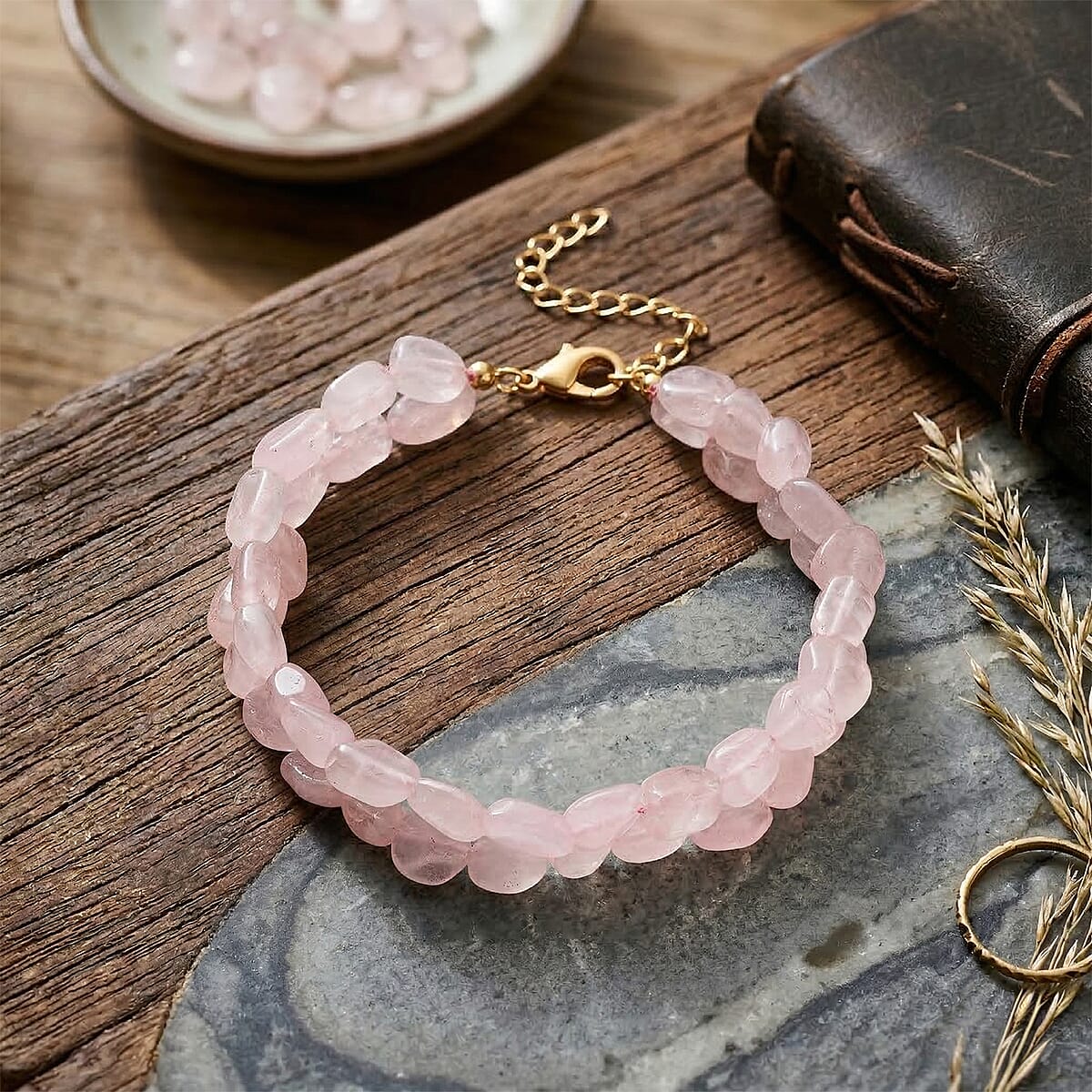 Galilea Rose Quartz Beads Bracelet in Goldtone (7-8.5In) image number 1