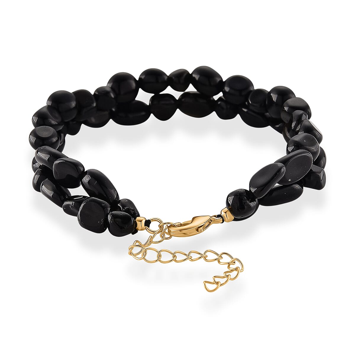Black Obsidian 2-Row Beaded Bracelet in Goldtone (7-8.5In) image number 3