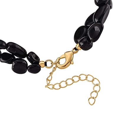 Black Obsidian 2-Row Beaded Bracelet in Goldtone (7-8.5In)