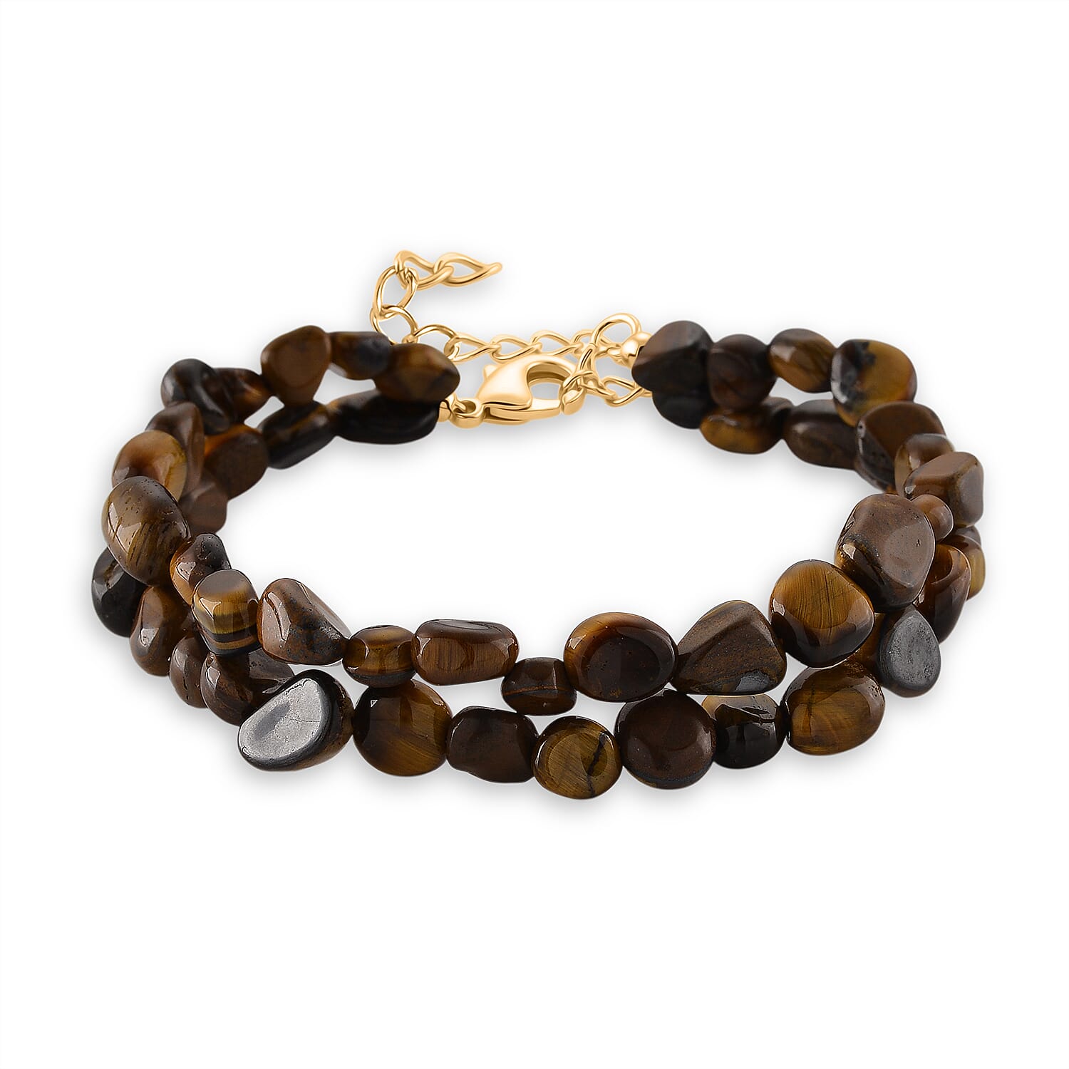 Yellow Tigers Eye 2-Row Beaded Bracelet in Goldtone (7-8.5In)