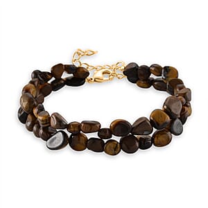 Yellow Tigers Eye 2-Row Beaded Bracelet in Goldtone (7-8.5In)