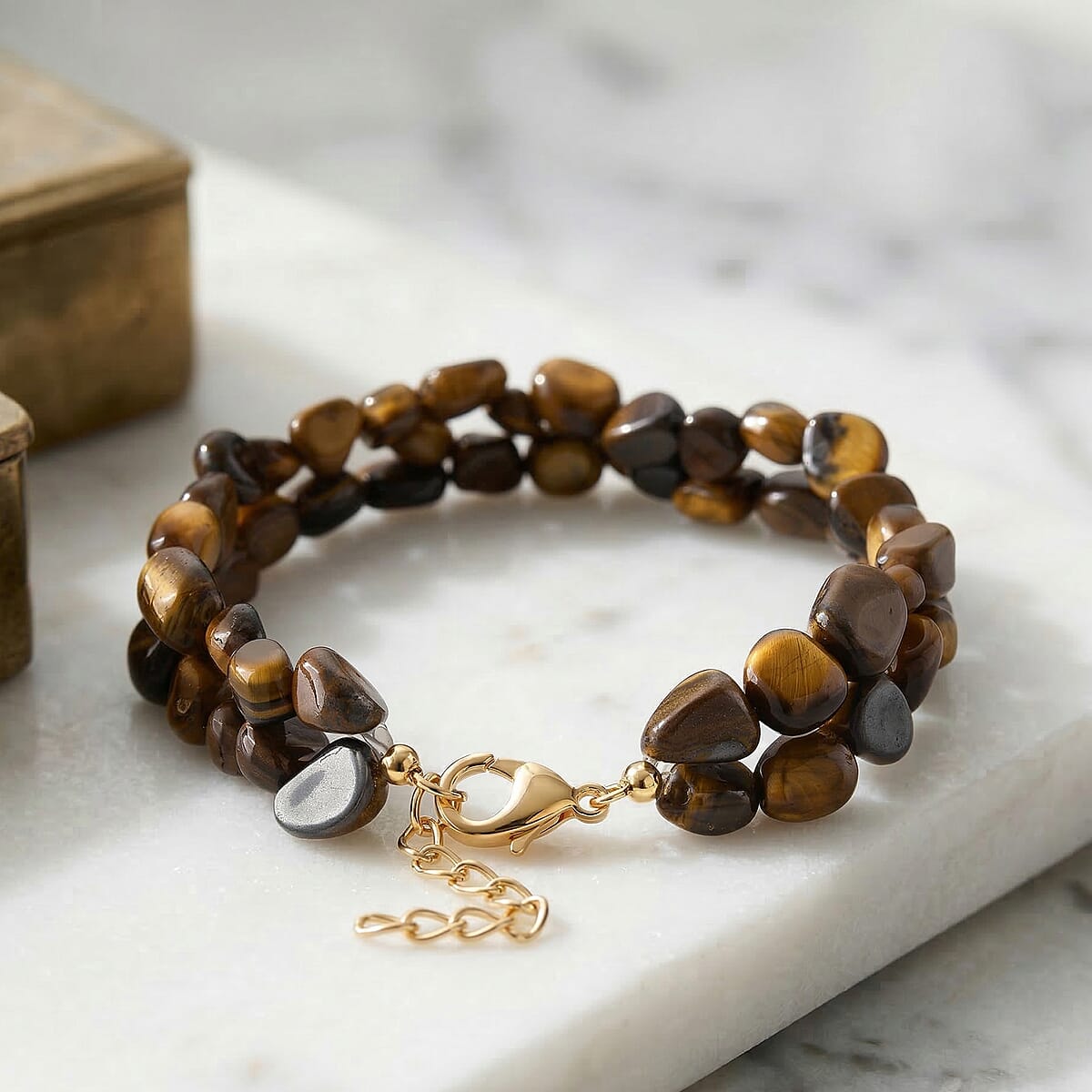 Yellow Tigers Eye 2-Row Beaded Bracelet in Goldtone (7-8.5In) image number 1