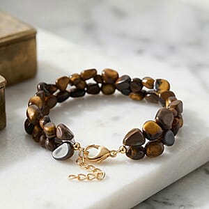 Yellow Tigers Eye 2-Row Beaded Bracelet in Goldtone (7-8.5In)
