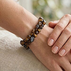 Yellow Tigers Eye 2-Row Beaded Bracelet in Goldtone (7-8.5In)