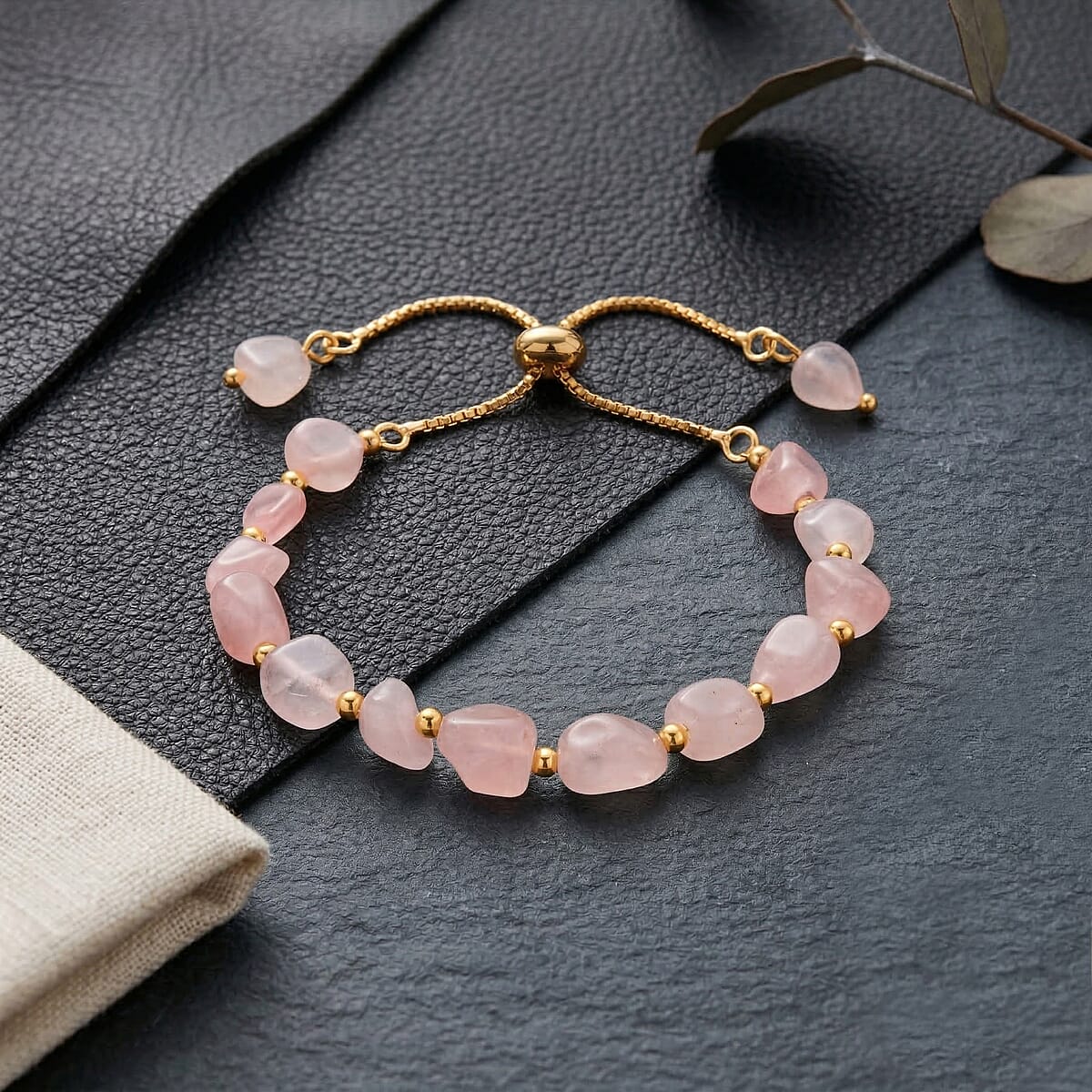 Galilea Rose Quartz Beads Bracelet in Goldtone (6-8In) image number 1