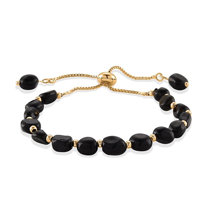 Black Obsidian Beaded Bolo Bracelet in Goldtone (6-8In)