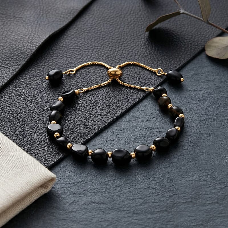 Black Obsidian Beaded Bolo Bracelet in Goldtone (6-8In)