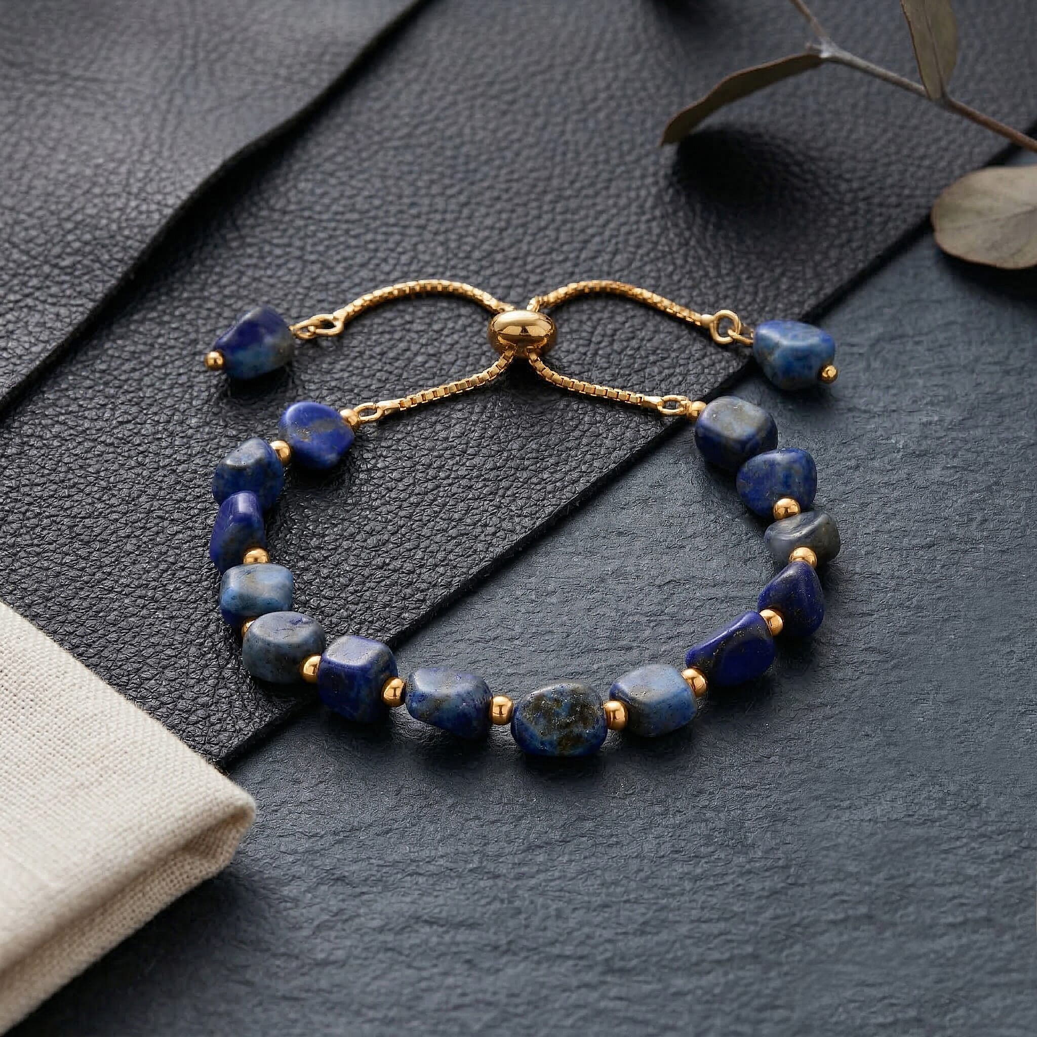Lapis Lazuli Beaded Bolo Bracelet in Goldtone (6-8In)