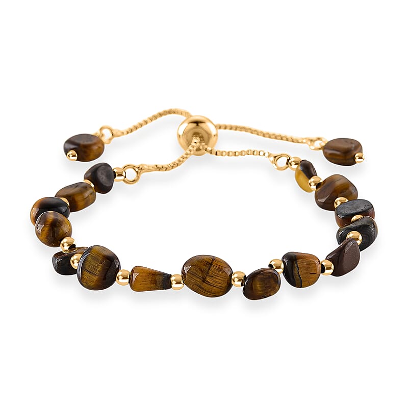Yellow Tigers Eye Beaded Bolo Bracelet in Goldtone (6-8In)