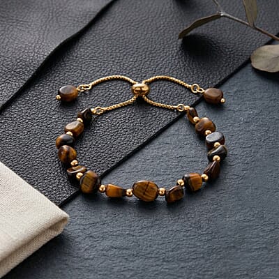 Yellow Tigers Eye Beaded Bolo Bracelet in Goldtone (6-8In)