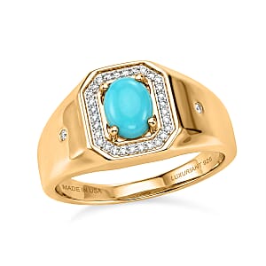 Premium Sleeping Beauty Turquoise and Luxuriant Lab Grown Diamond G-H SI 1.35 ctw Men's Ring in 18K Vermeil Yellow Gold Over Sterling Silver (Size 10.0)