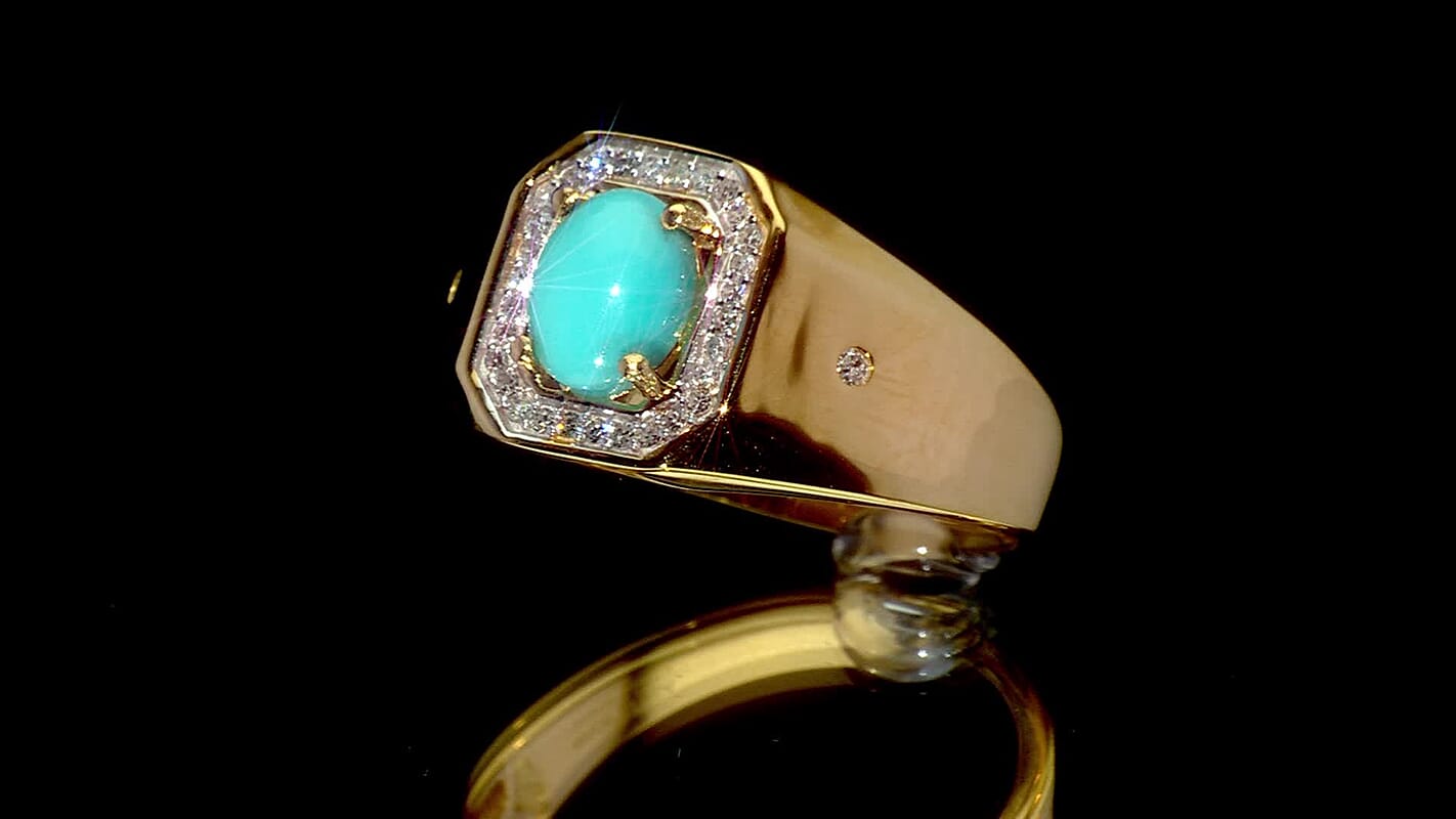 Premium Sleeping Beauty Turquoise, Luxuriant Lab Grown Diamond (I3) (0.17 cts) Men's Ring in 18K Vermeil YG Over Sterling Silver (Size 10.0) 1.35 ctw