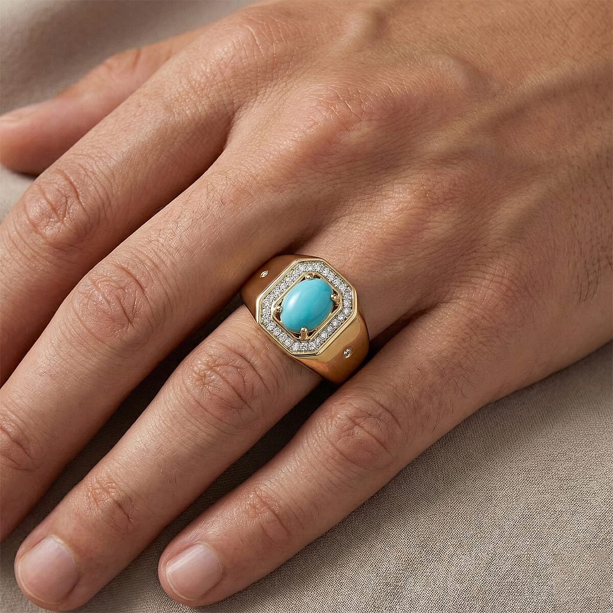 Premium Sleeping Beauty Turquoise and Luxuriant Lab Grown Diamond G-H SI 1.35 ctw Men's Ring in 18K Vermeil Yellow Gold Over Sterling Silver (Size 10.0) image number 2
