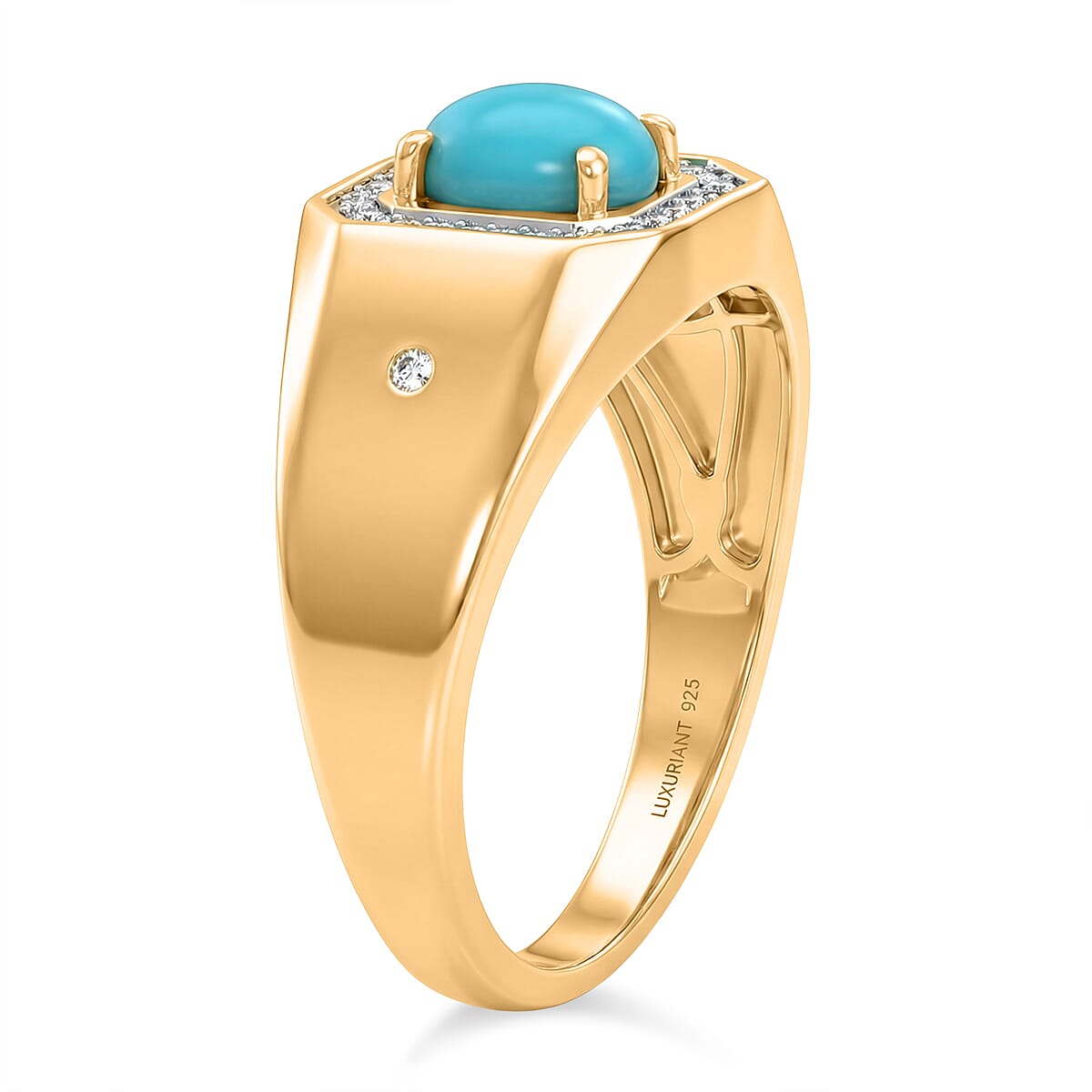 Premium Sleeping Beauty Turquoise and Luxuriant Lab Grown Diamond G-H SI 1.35 ctw Men's Ring in 18K Vermeil Yellow Gold Over Sterling Silver (Size 10.0) image number 3