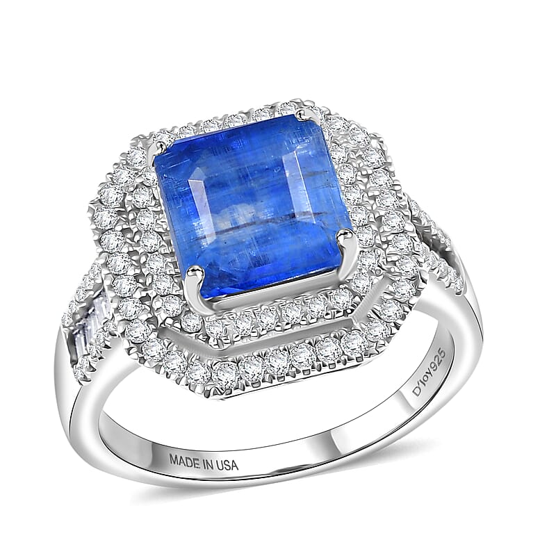 D'Joy Premium Kashmir Kyanite and Moissanite 3.50 ctw Double Halo Ring in Rhodium Over Sterling Silver (Size 10.0)
