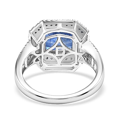 D'Joy Premium Kashmir Kyanite and Moissanite 3.50 ctw Double Halo Ring in Rhodium Over Sterling Silver (Size 10.0)