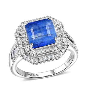 D'Joy Premium Kashmir Kyanite and Moissanite 3.50 ctw Double Halo Ring in Rhodium Over Sterling Silver (Size 6.0)