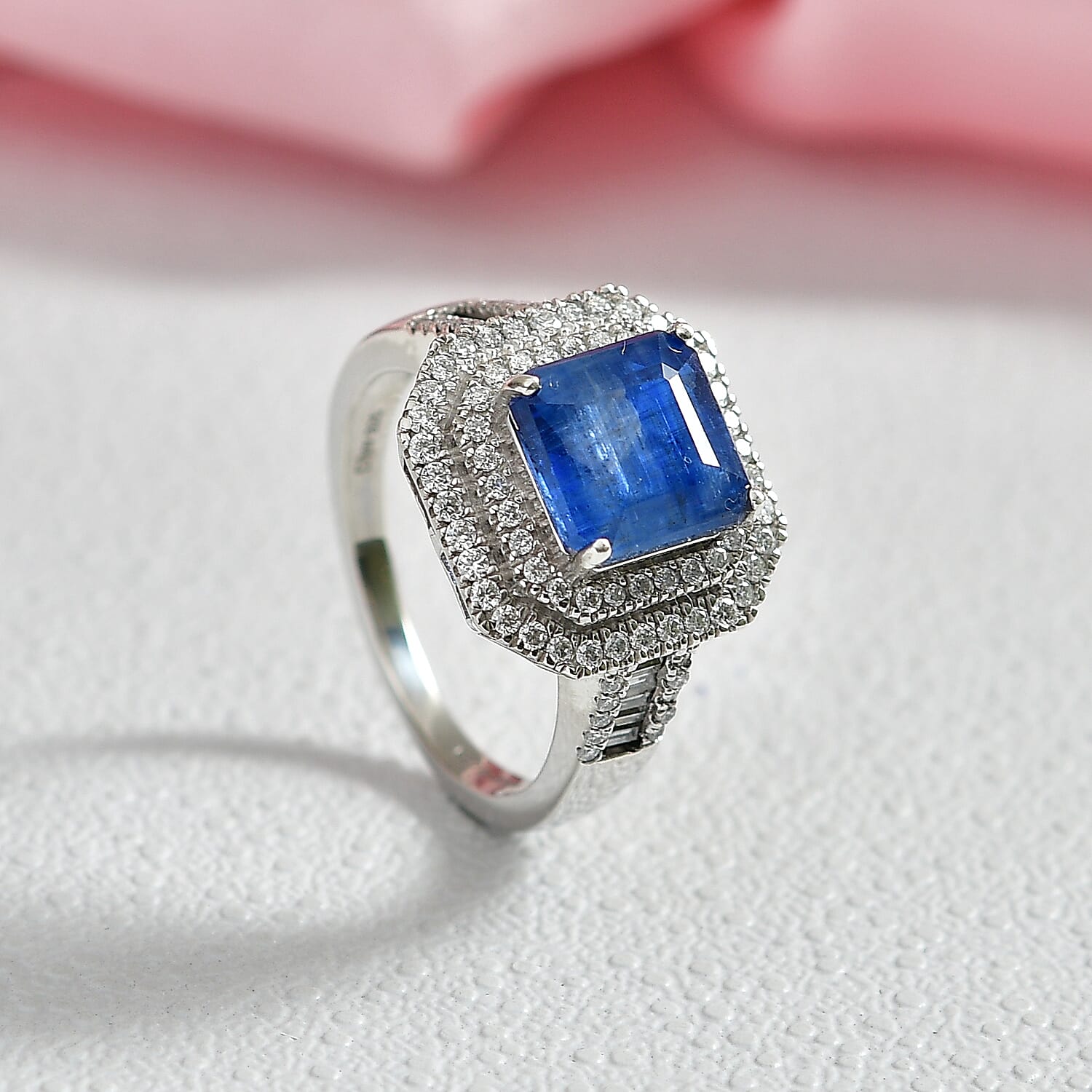 D'Joy Premium Kashmir Kyanite and Moissanite 3.50 ctw Double Halo Ring in Rhodium Over Sterling Silver (Size 6.0)