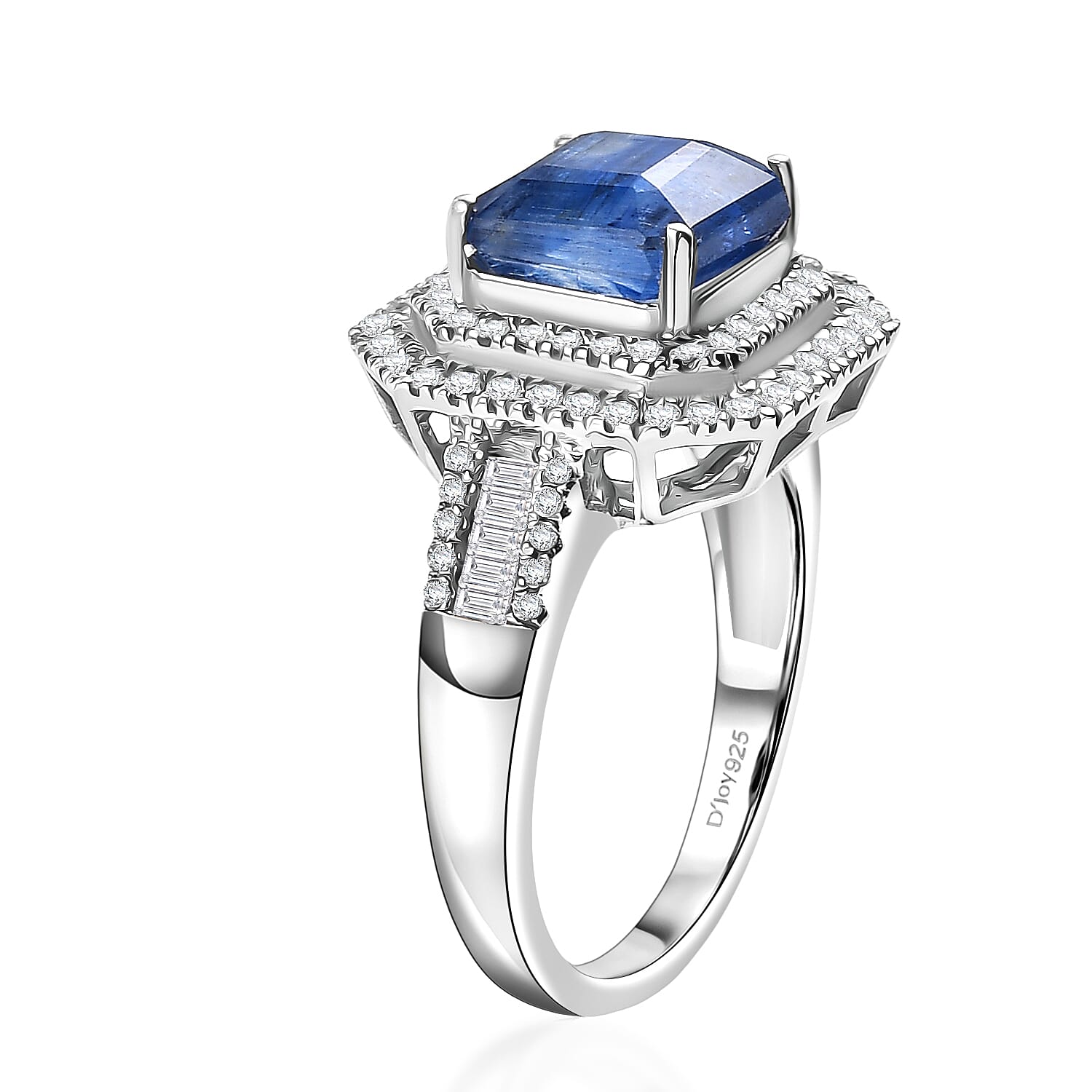 D'Joy Premium Kashmir Kyanite and Moissanite 3.50 ctw Double Halo Ring in Rhodium Over Sterling Silver (Size 6.0)