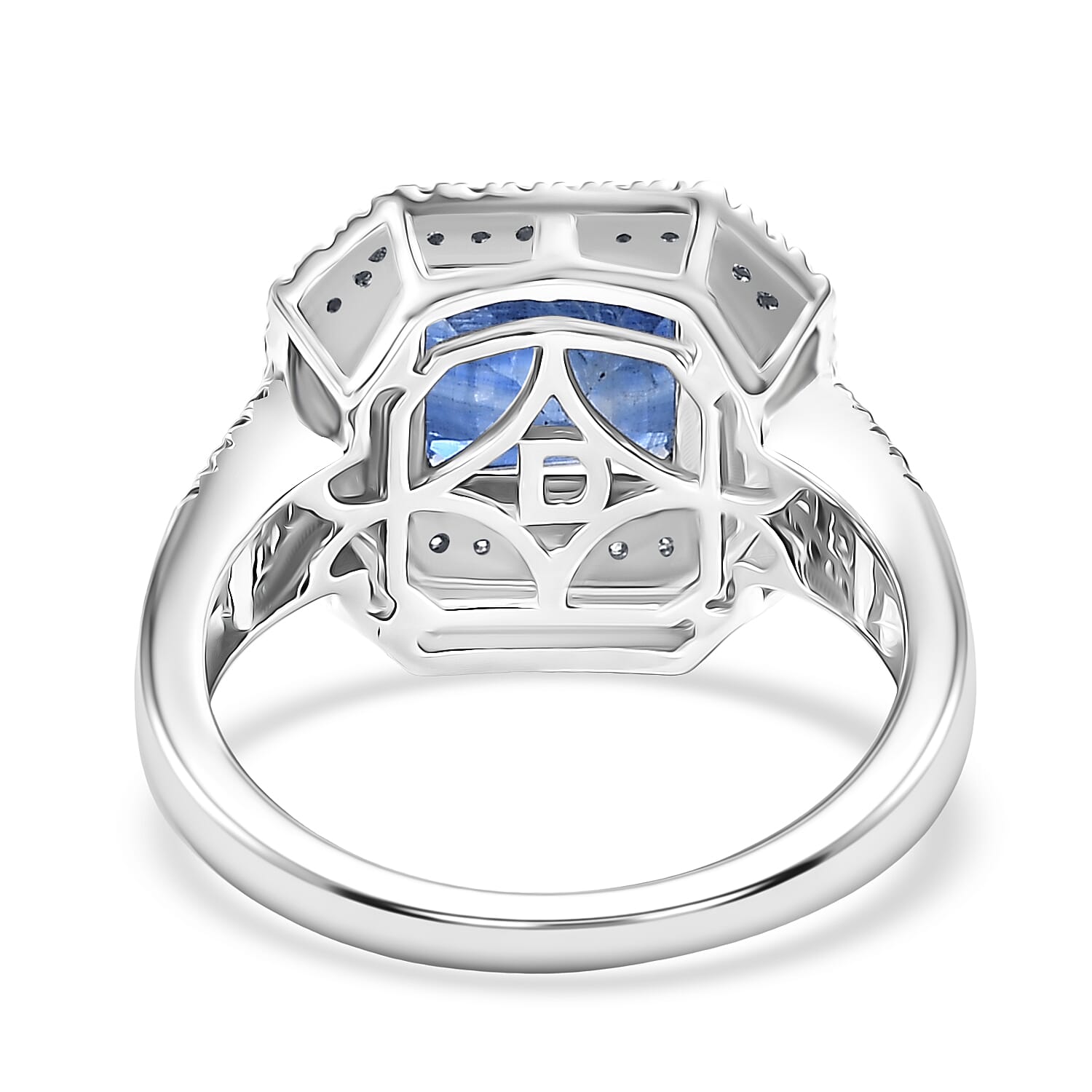 D'Joy Premium Kashmir Kyanite and Moissanite 3.50 ctw Double Halo Ring in Rhodium Over Sterling Silver (Size 6.0)