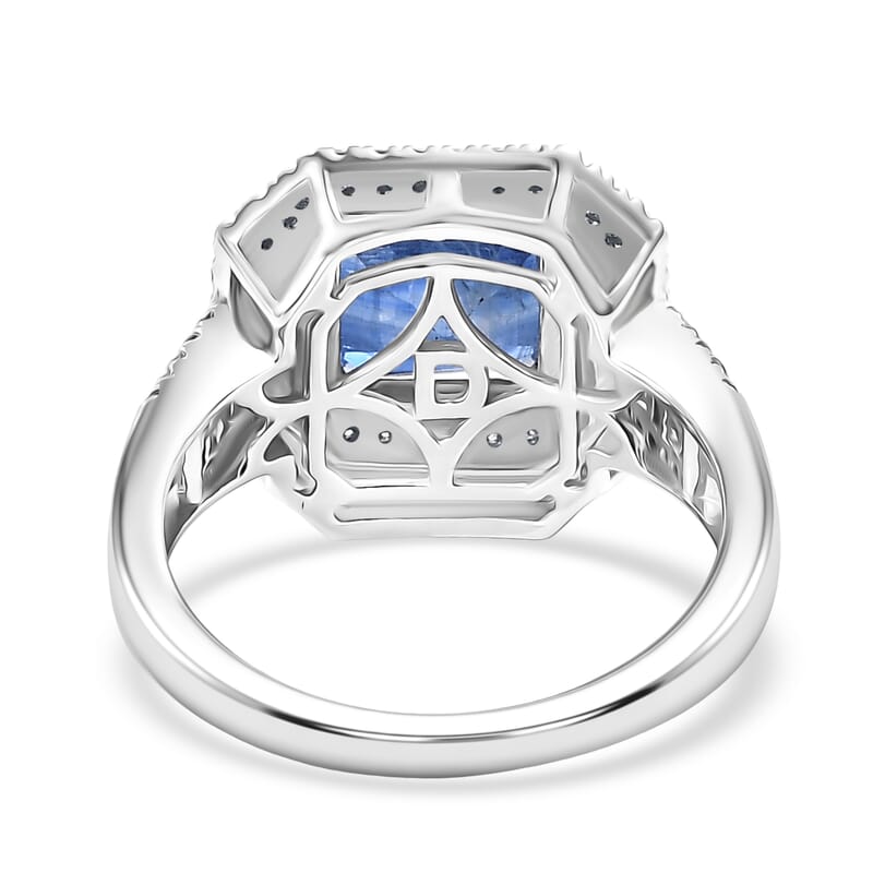 D'Joy Premium Kashmir Kyanite and Moissanite 3.50 ctw Double Halo Ring in Rhodium Over Sterling Silver (Size 6.0)