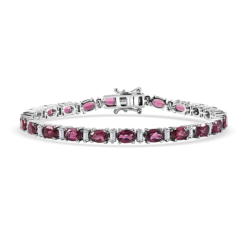 D'Joy Premium Orissa Rhodolite Garnet and Moissanite 13.50 ctw Roman Colonnade Bracelet in Rhodium Over Sterling Silver (7.25 In)