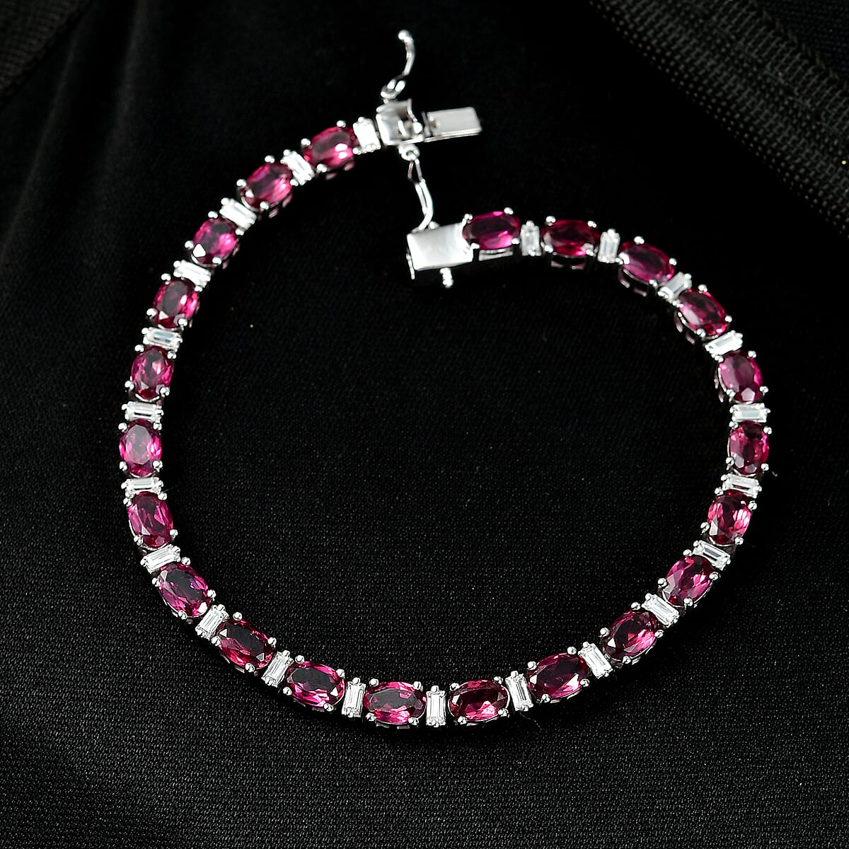 D'Joy Premium Orissa Rhodolite Garnet and Moissanite 13.50 ctw Roman Colonnade Bracelet in Rhodium Over Sterling Silver (7.25 In) image number 1