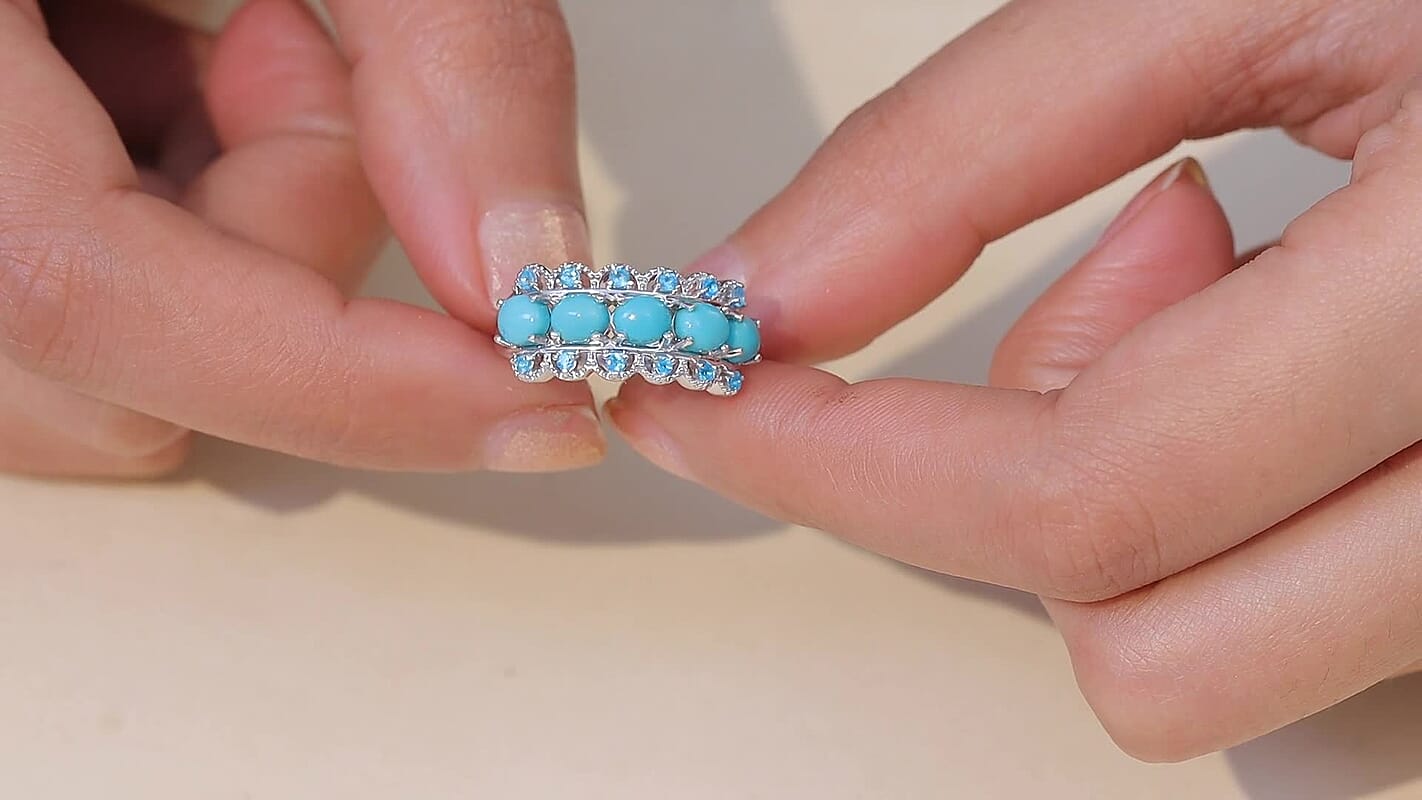 D'Joy Premium Sleeping Beauty Turquoise, Malgache Neon Apatite Band Ring in Rhodium Over Sterling Silver (Size 10.0) 1.90 ctw