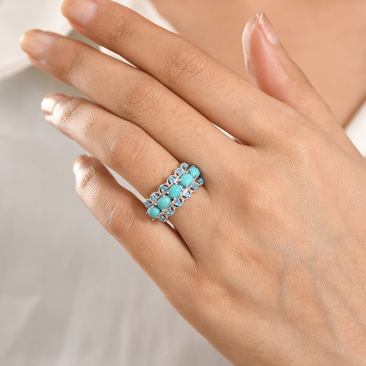 D'Joy Premium Sleeping Beauty Turquoise and Malgache Neon Apatite 1.90 ctw Skyline Harmony Ring in Rhodium Over Sterling Silver (Size 6.0) image number 2