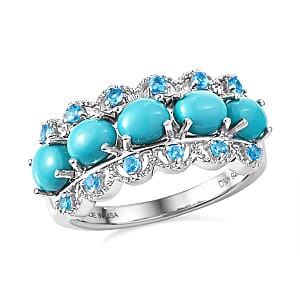 D'Joy Premium Sleeping Beauty Turquoise and Malgache Neon Apatite 1.90 ctw Skyline Harmony Ring in Rhodium Over Sterling Silver (Size 7.0)