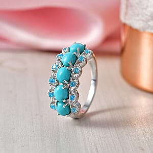 D'Joy Premium Sleeping Beauty Turquoise and Malgache Neon Apatite 1.90 ctw Skyline Harmony Ring in Rhodium Over Sterling Silver (Size 7.0)