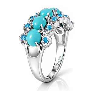 D'Joy Premium Sleeping Beauty Turquoise and Malgache Neon Apatite 1.90 ctw Skyline Harmony Ring in Rhodium Over Sterling Silver (Size 7.0)