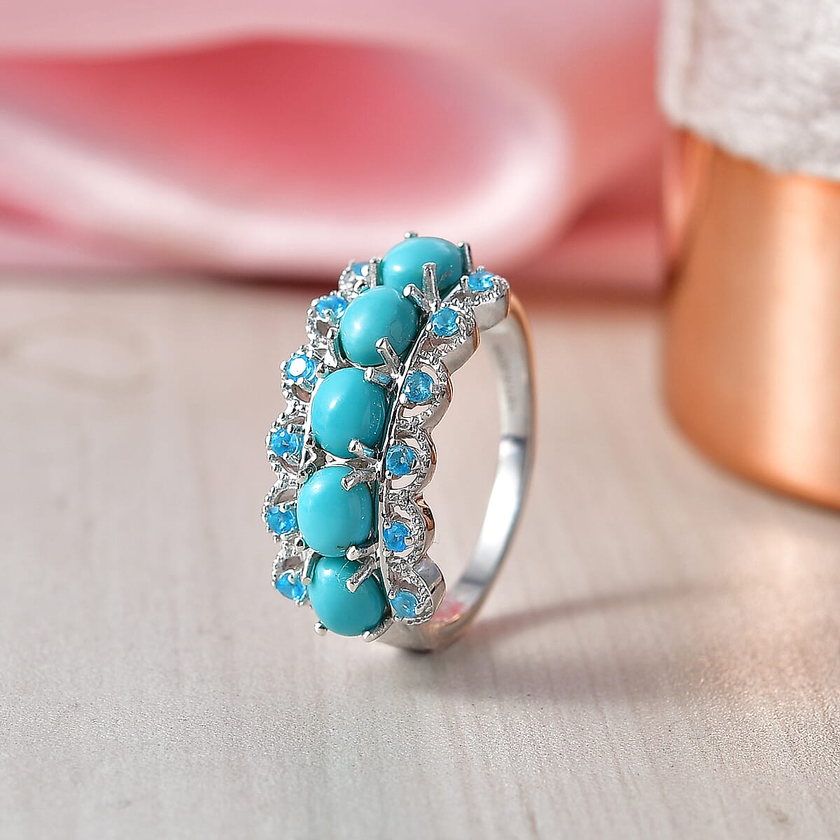 D'Joy Premium Sleeping Beauty Turquoise and Malgache Neon Apatite 1.90 ctw Skyline Harmony Ring in Rhodium Over Sterling Silver (Size 8.0) image number 1