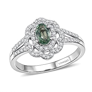 D'Joy Premium Green Sapphire and Moissanite 1.20 ctw Spark Halo Ring in Rhodium Over Sterling Silver (Size 10.0)