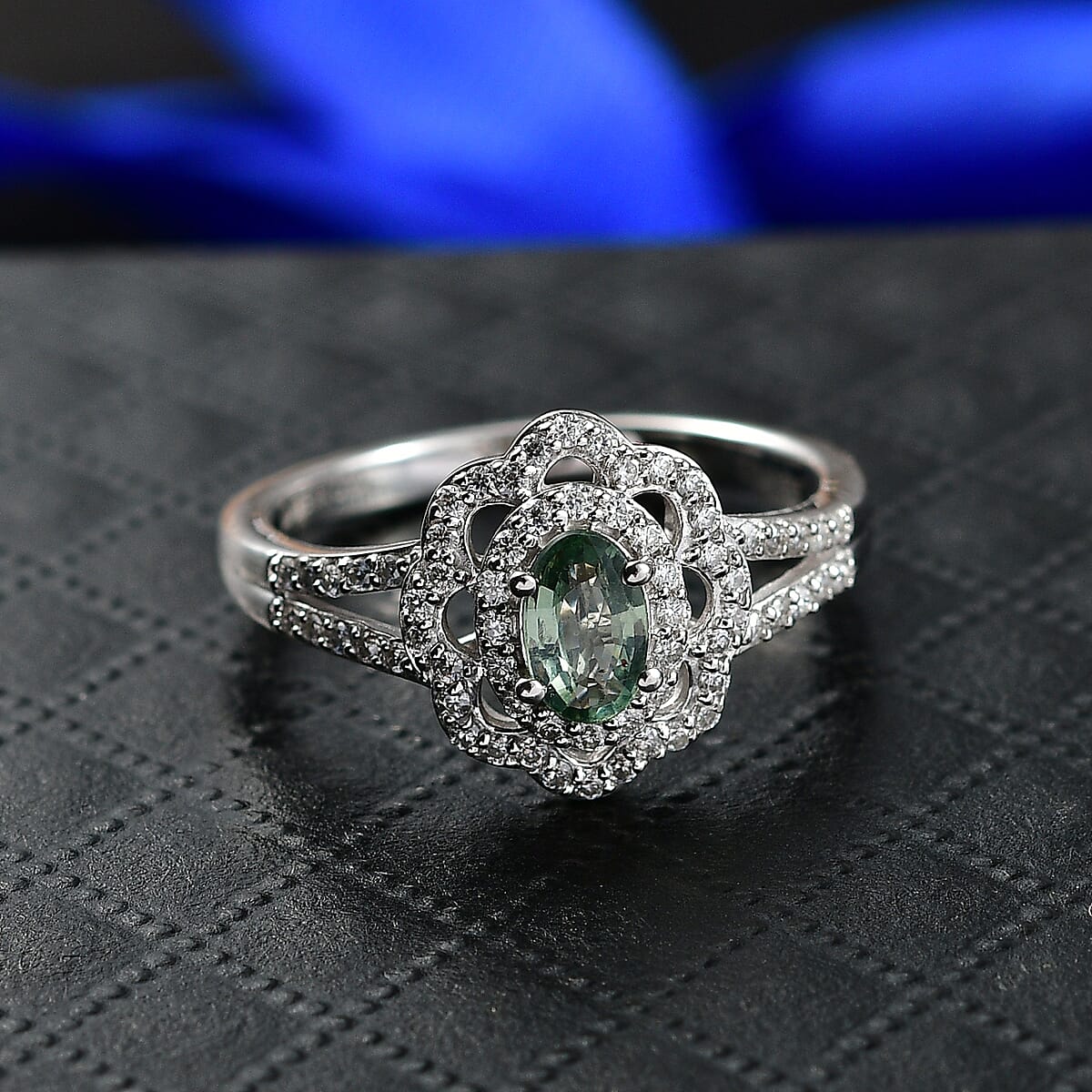 D'Joy Premium Green Sapphire and Moissanite 1.20 ctw Spark Halo Ring in Rhodium Over Sterling Silver (Size 10.0) image number 1