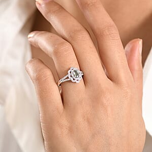 D'Joy Premium Green Sapphire and Moissanite 1.20 ctw Spark Halo Ring in Rhodium Over Sterling Silver (Size 10.0)