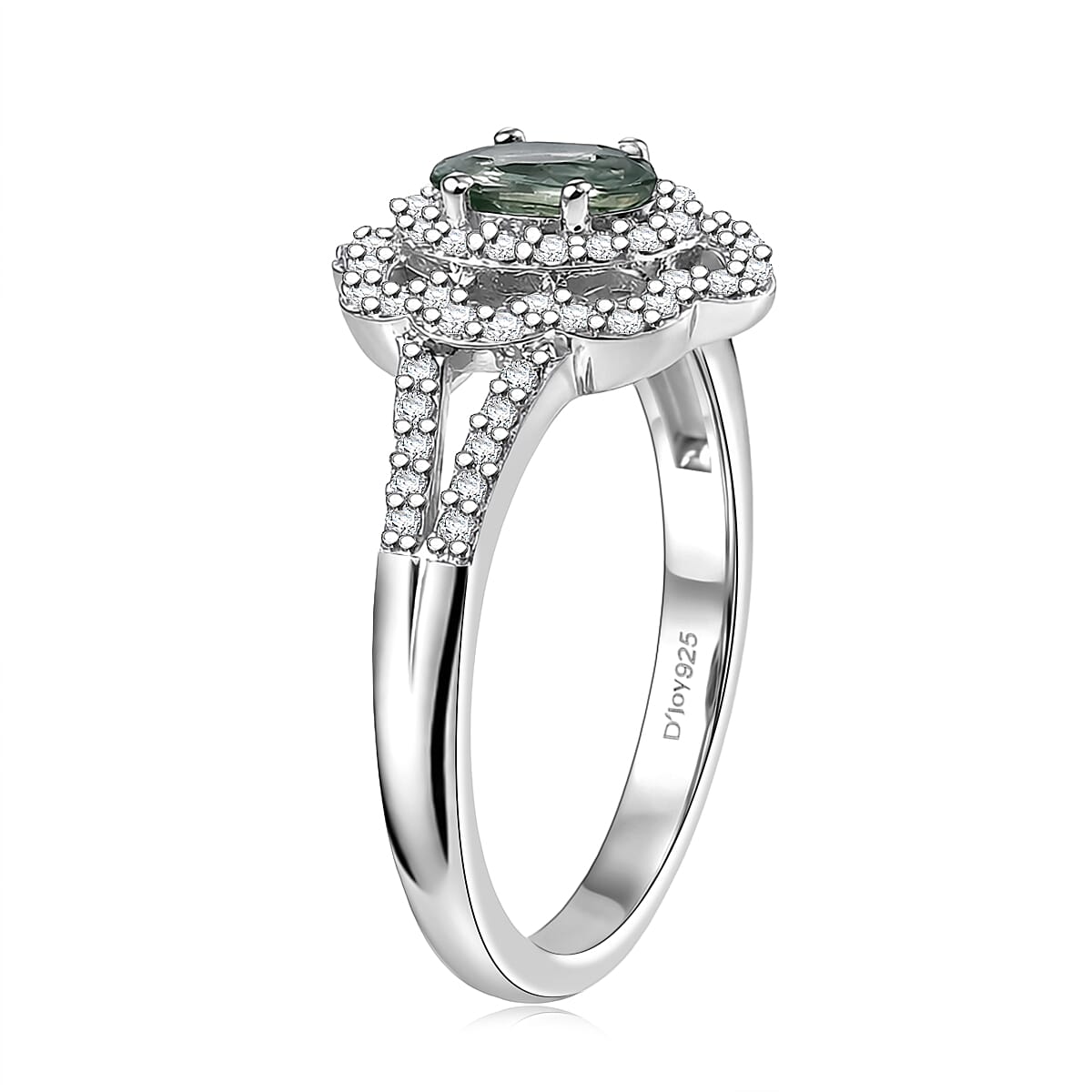 D'Joy Premium Green Sapphire and Moissanite 1.20 ctw Spark Halo Ring in Rhodium Over Sterling Silver (Size 10.0) image number 3