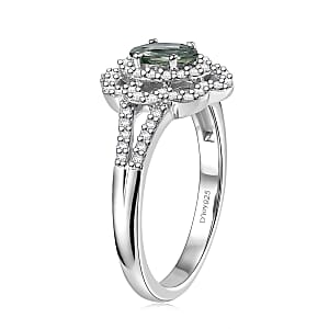 D'Joy Premium Green Sapphire and Moissanite 1.20 ctw Spark Halo Ring in Rhodium Over Sterling Silver (Size 10.0)