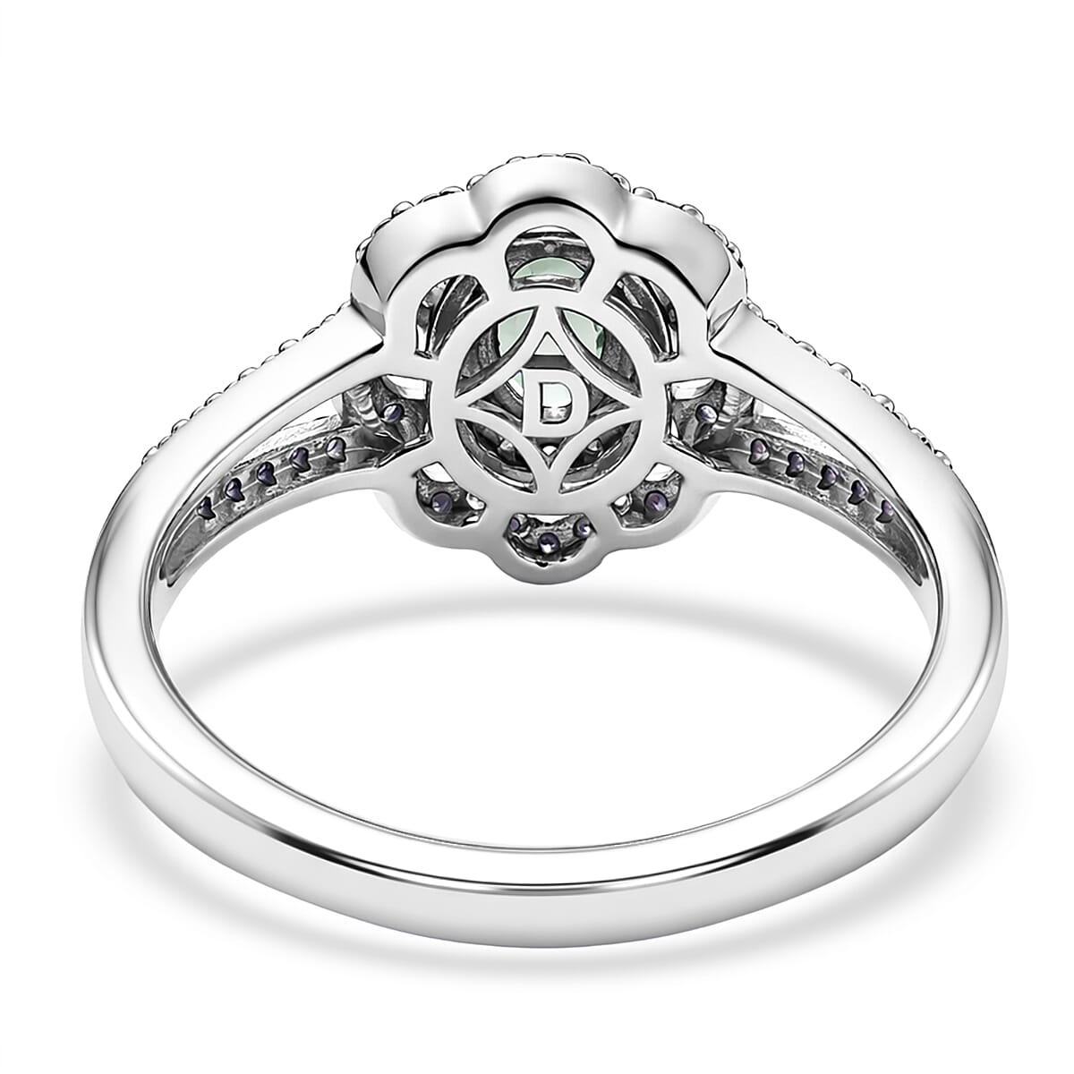 D'Joy Premium Green Sapphire and Moissanite 1.20 ctw Spark Halo Ring in Rhodium Over Sterling Silver (Size 10.0) image number 4