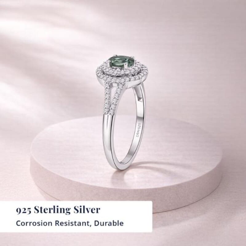 D'Joy Premium Milanoa Green Sapphire and Moissanite 1.20 ctw Spark Halo Ring in Rhodium Over Sterling Silver (Size 5.0)