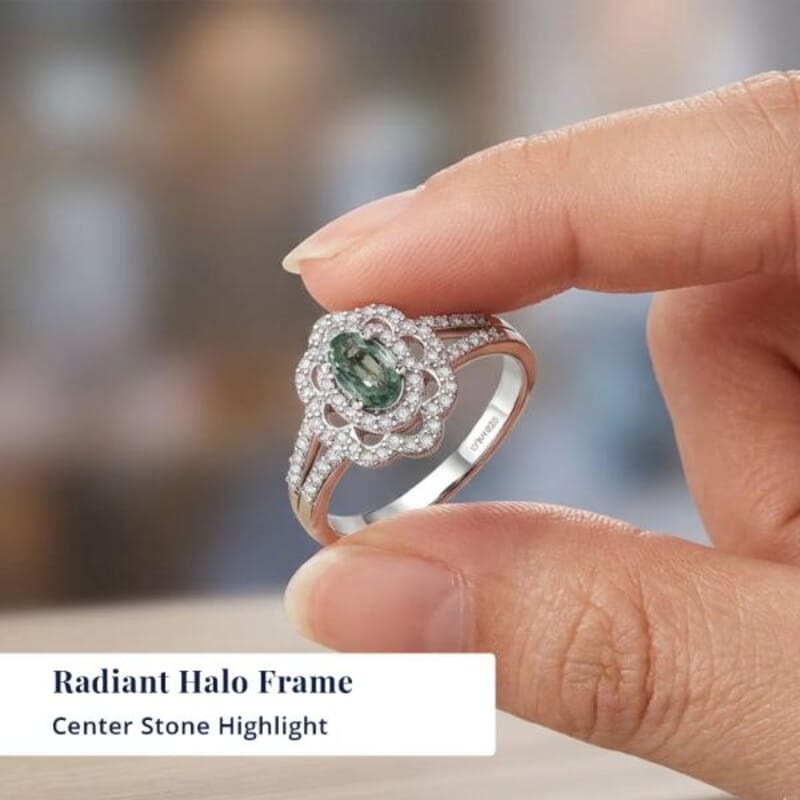 D'Joy Premium Milanoa Green Sapphire and Moissanite 1.20 ctw Spark Halo Ring in Rhodium Over Sterling Silver (Size 5.0)