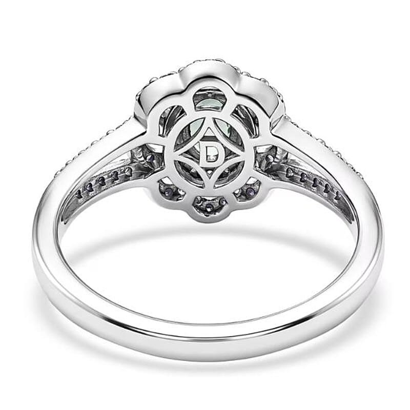 D'Joy Premium Milanoa Green Sapphire and Moissanite 1.20 ctw Spark Halo Ring in Rhodium Over Sterling Silver (Size 5.0)