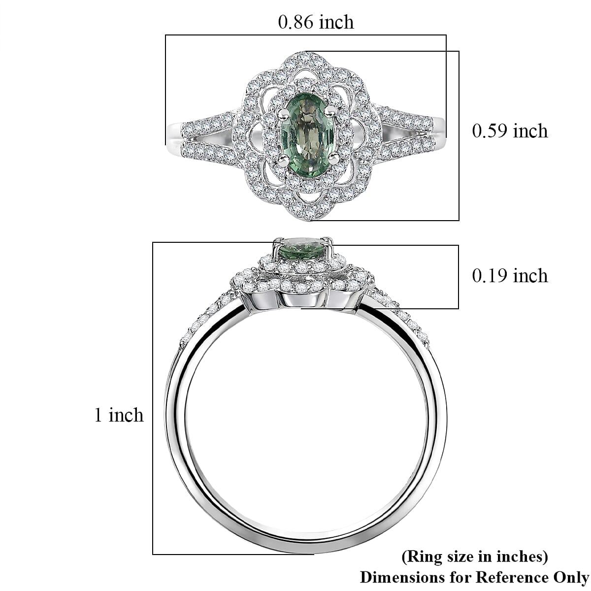 D'Joy Premium Green Sapphire and Moissanite 1.20 ctw Spark Halo Ring in Rhodium Over Sterling Silver (Size 7.0) image number 5