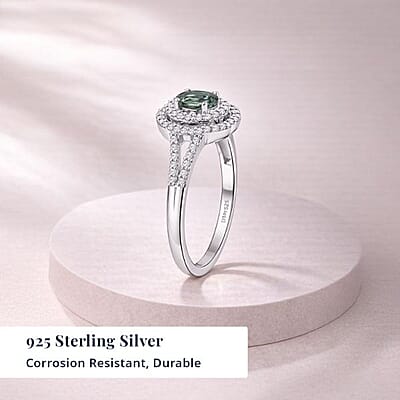 D'Joy Premium Milanoa Green Sapphire and Moissanite 1.20 ctw Spark Halo Ring in Rhodium Over Sterling Silver (Size 8.0)