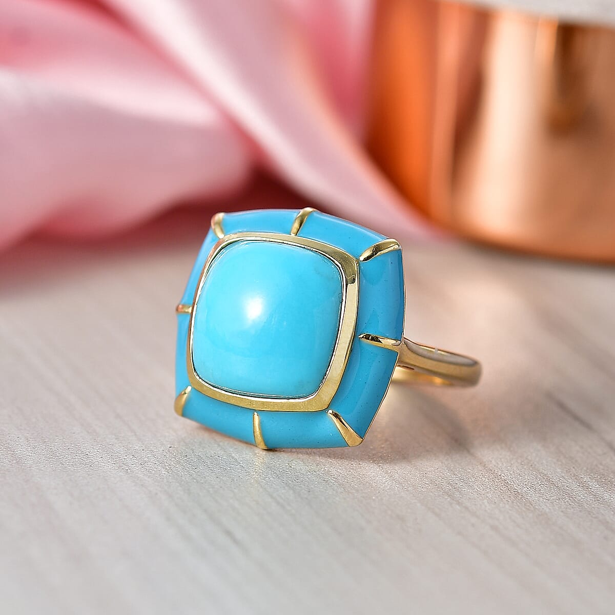 D'Joy Premium Sleeping Beauty Turquoise 4.50 ctw Sky Fortress Ring in 18K Vermeil Yellow Gold Over Sterling Silver (Size 7.0) image number 1