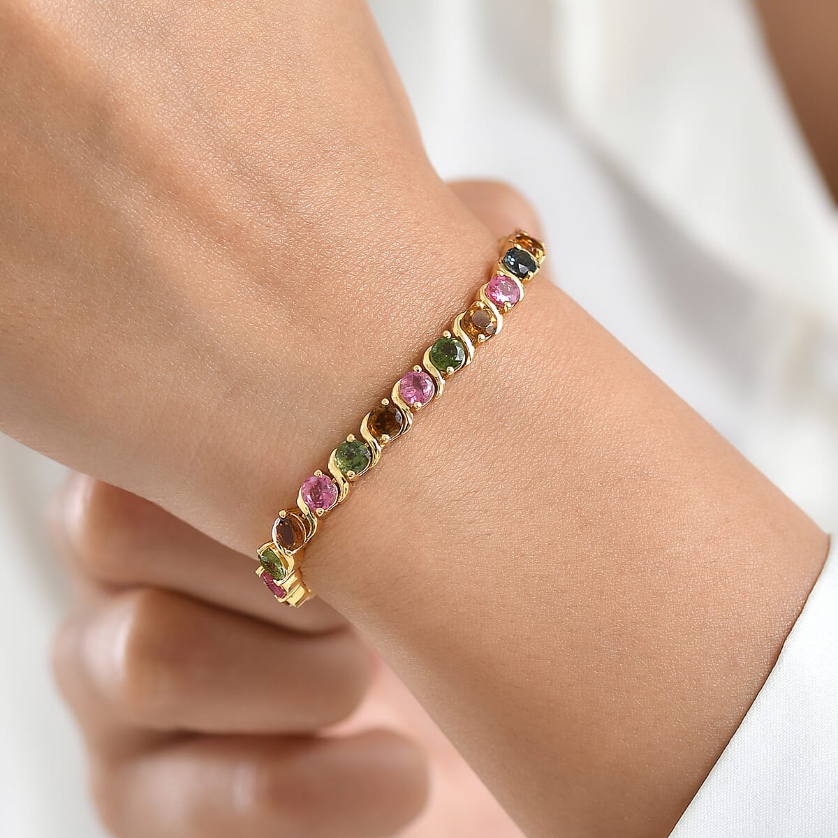 D'Joy Premium Multi-Tourmaline 8.60 ctw Spectrum Link Bracelet in 18K Vermeil Yellow Gold Over Sterling Silver (7.25 In) image number 2