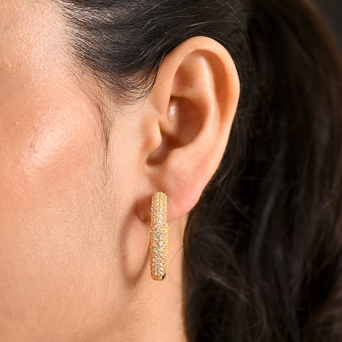 EverTrue Lab Created White Sapphire 4.90 ctw Hoop Earrings in 18K YG Plated image number 2